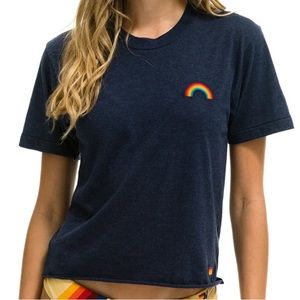 Aviator Nation Rainbow Embroidery Boyfriend Tee size Small, Navy